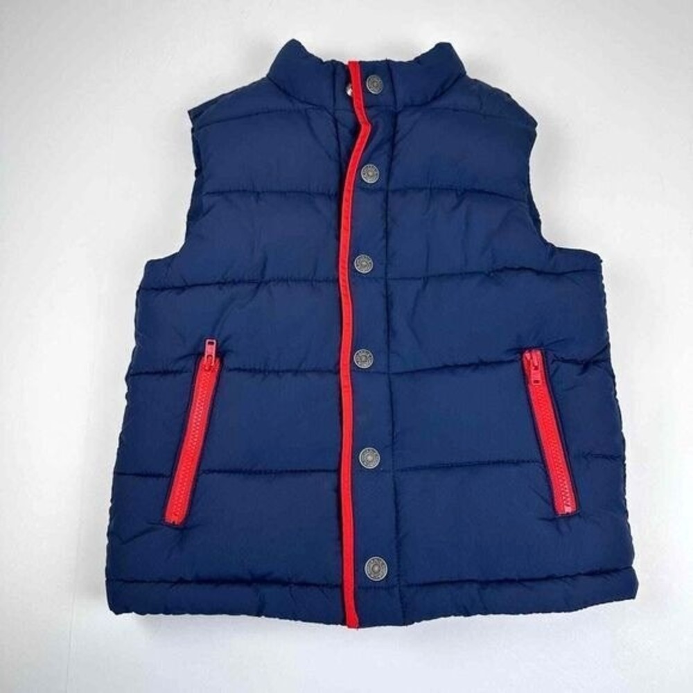 Janie and Jack Puffer Vest Kids 3-4 Navy Blue Red Quilted Snap‎ Button Front